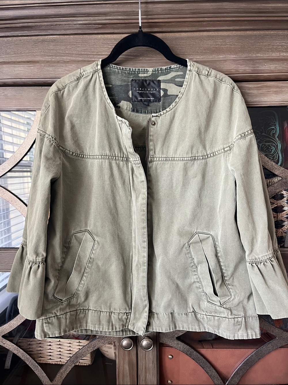 Sanctuary Olive Green Collarless Utility Jacket with Ruffle Sleeves